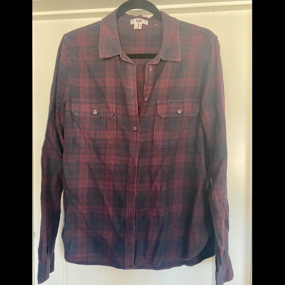 Paige red & blue Plaid Button Down Flannel blouse country western winter fall M - Picture 8 of 9